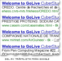 Del av träfflista från Google, där alla träffar heter "Welcome to GoLive Cyberstudio"